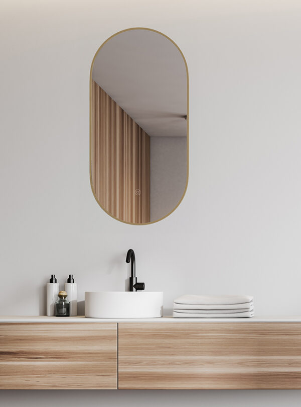 Nomi spiegel met lijst ovaal met LED, dimbaar en spiegelverwarming 50 x 100 cm geborsteld messing 383711