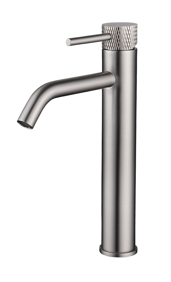 Ribbd XL wastafelkraan hoog met coldstart geborsteld staal PVD 295311