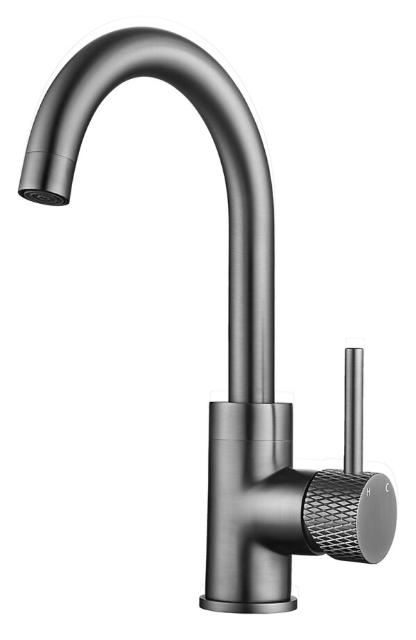Ribbd wastafelkraan met draaibare uitloop en coldstart gunmetal PVD 295323