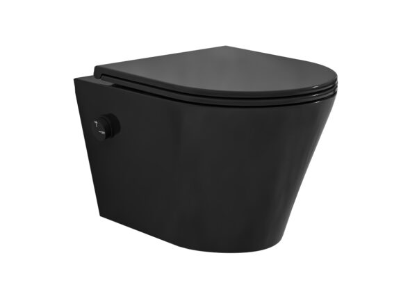 Vesta wandcloset rimless met bidetkraan koud water met Flatline toiletzitting mat zwart 323338