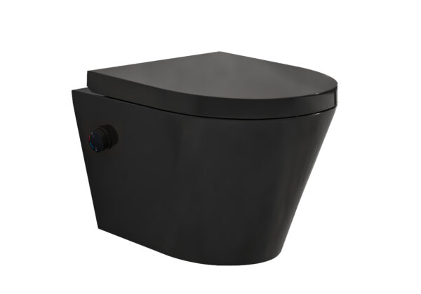 Vesta wandcloset rimless met bidetkraan warm koud water met Vesta toiletzitting mat zwart 323340