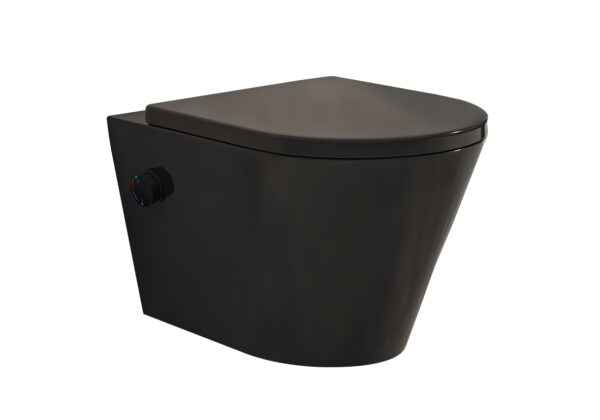 Vesta wandcloset rimless met bidetkraan warm koud water met Shade slim toiletzitting mat zwart 323343