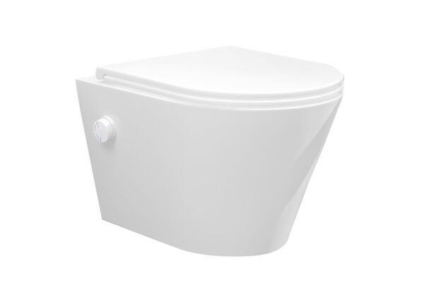 Vesta wandcloset rimless met bidetkraan warm koud water met Flatline toiletzitting glans wit 323345