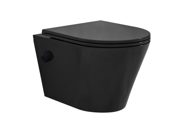 Vesta wandcloset rimless met bidetkraan warm koud water met Flatline toiletzitting mat zwart 323346