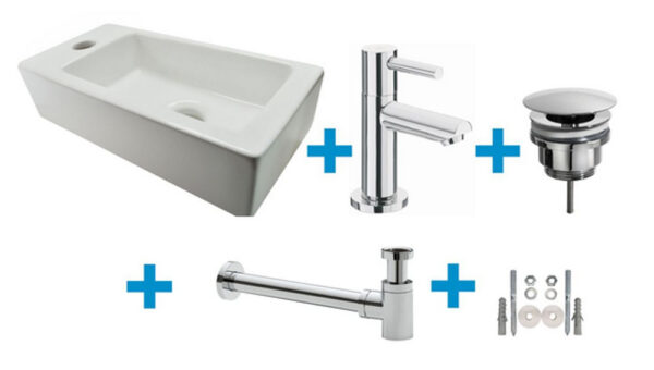 Fonteinset Rhea S mini met fontein links glans wit, kraan, sifon en afvoerplug chroom 323530
