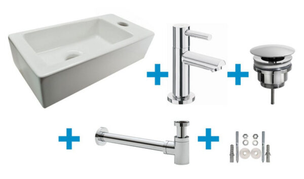 Fonteinset Rhea S mini met fontein rechts glans wit, kraan, sifon en afvoerplug chroom 323531