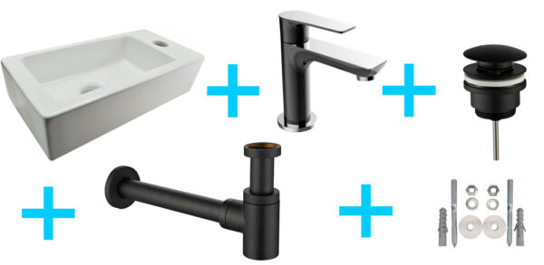 Fonteinset Rhea S mini met fontein rechts glans wit, Casma kraan, sifon en afvoerplug zwart/chroom 323693