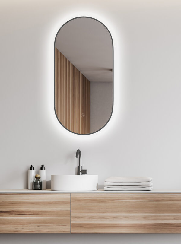 Nomi spiegel met lijst ovaal met LED, dimbaar en spiegelverwarming 50 x 100 cm gunmetal 383703