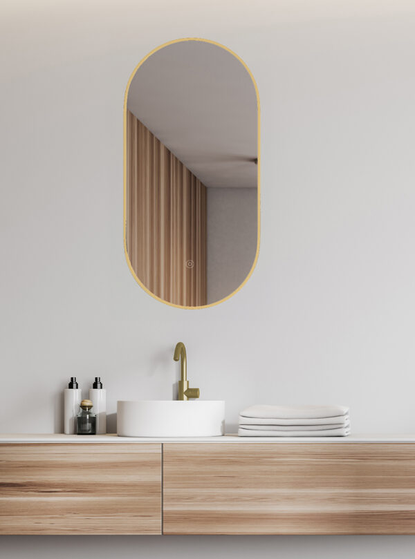 Nomi spiegel met lijst ovaal met LED, dimbaar en spiegelverwarming 50 x 100 cm goud 383711