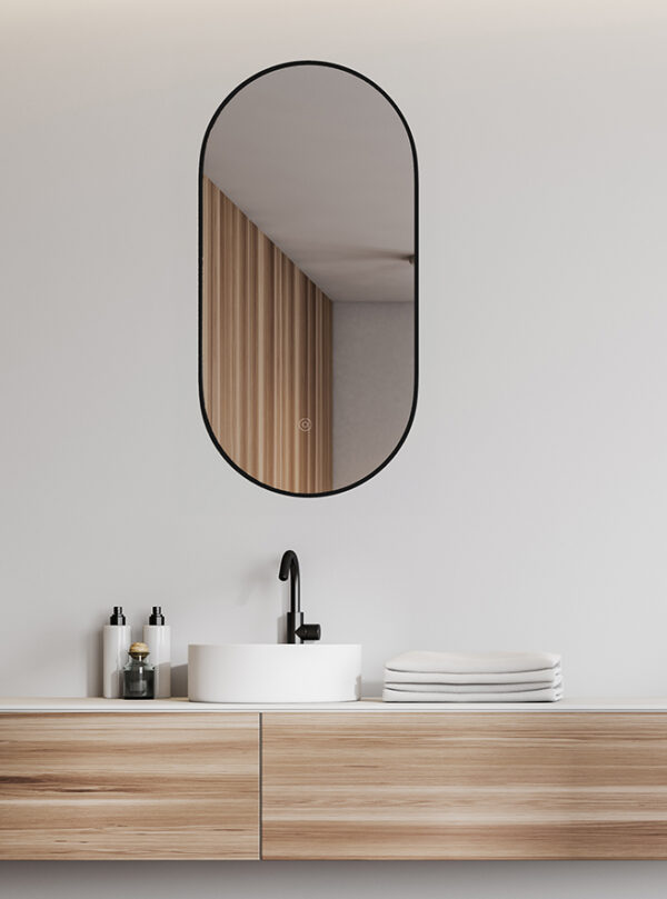 Nomi spiegel met lijst ovaal met LED, dimbaar en spiegelverwarming 50 x 100 cm mat zwart 383712