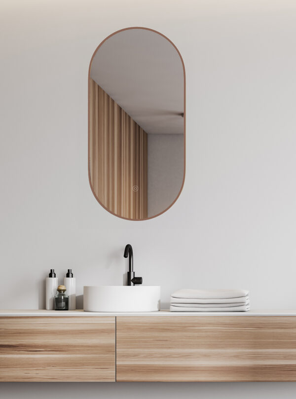 Nomi spiegel met lijst ovaal met LED, dimbaar en spiegelverwarming 50 x 100 cm geborsteld brons koper 383714