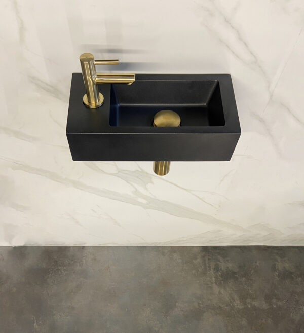 Fonteinset Rhea S mini met fontein links quartz, kraan, sifon en afvoerplug geborsteld messing 393607
