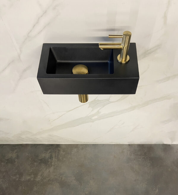 Fonteinset Rhea S mini met fontein rechts quartz, kraan, sifon en afvoerplug geborsteld messing 393608