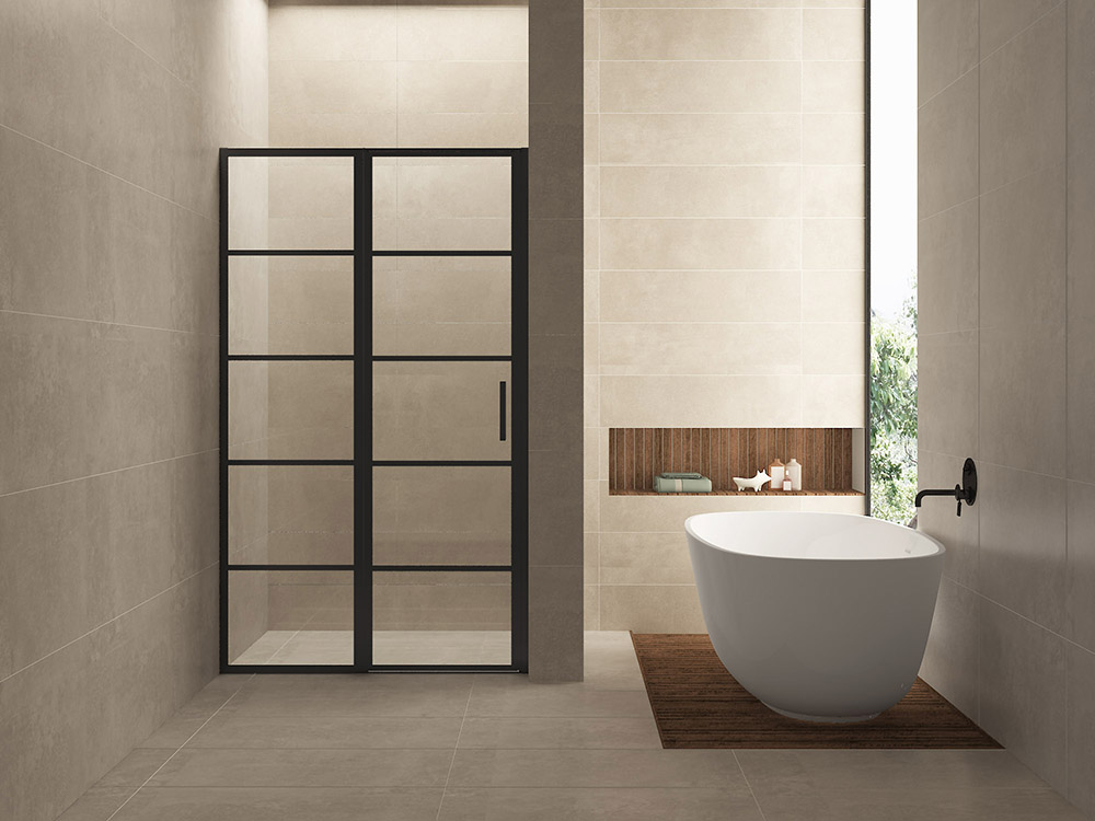 Productfoto Horizon nisdeur met vast deel en raster 1100 x 2000 x 8mm nano helder glas/mat zwart 203573