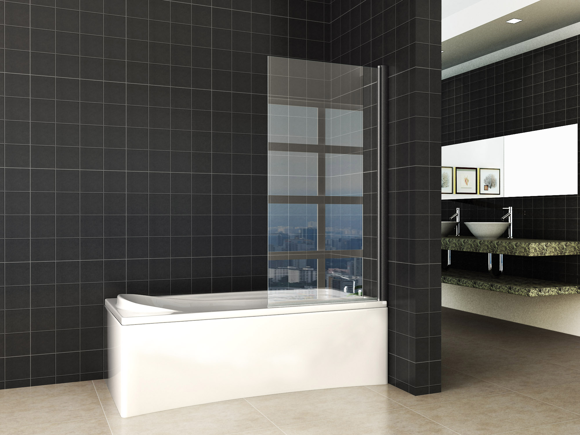 Productfoto Orbit badwand draaibaar 800 x 1500 x 6 mm nano helder glas/mat zwart 203917