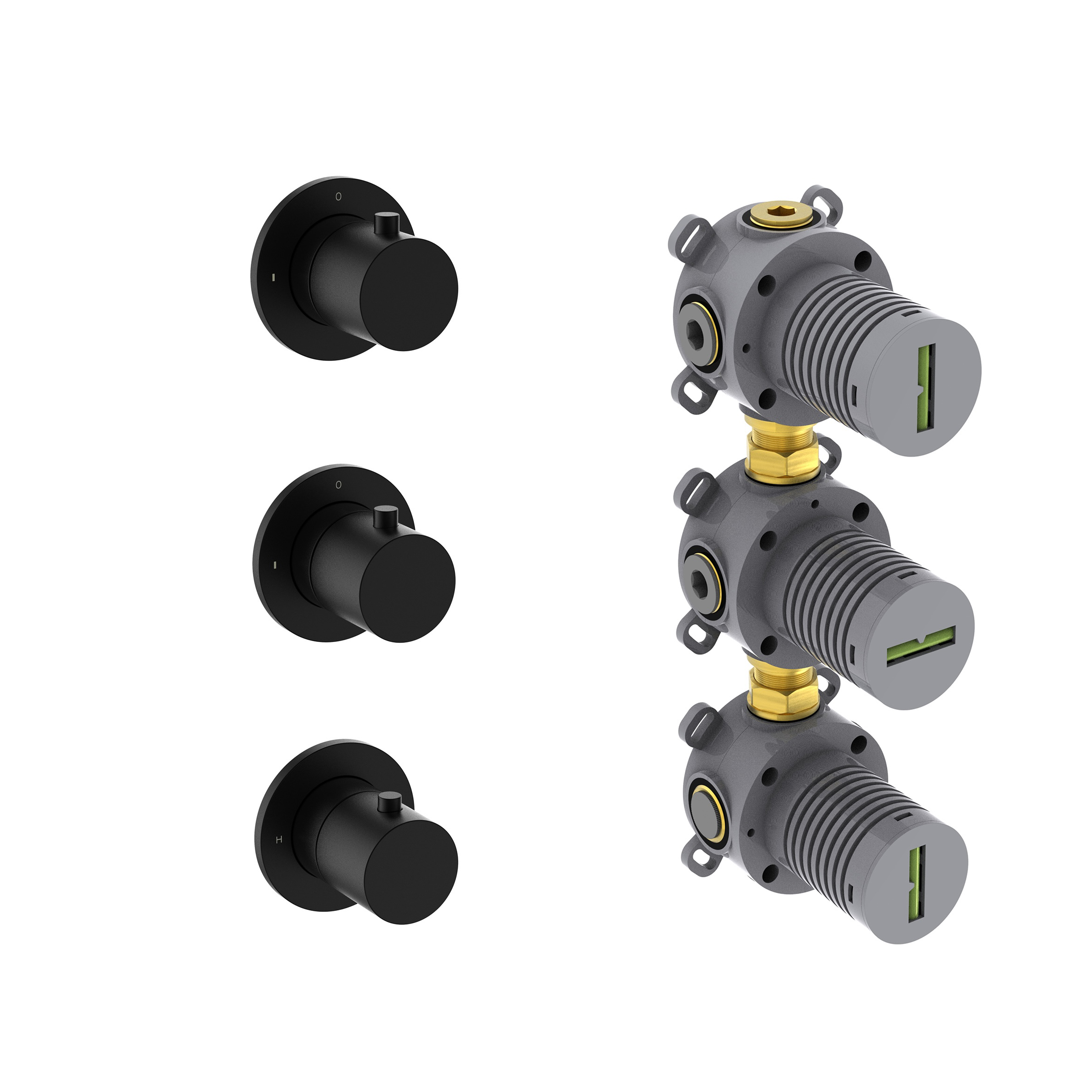 Productfoto One pack Caral thermostatische douchekraan met 2 stopkranen mat zwart bestaande uit: 293008