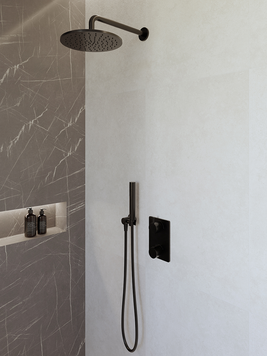 Productfoto Caral inbouwthermostaat compleet met hoofddouche 25 cm en staafhanddouche mat zwart 293040