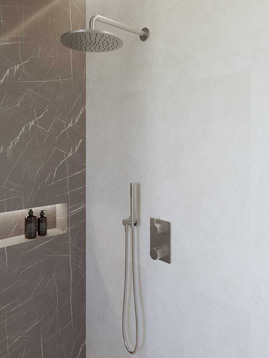 Productfoto Caral inbouwthermostaat compleet met hoofddouche 25 cm en staafhanddouche geborsteld staal 293041