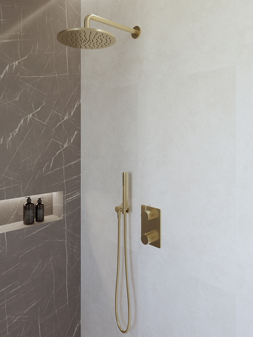 Productfoto Caral inbouwthermostaat compleet met hoofddouche 25 cm en staafhanddouche geborsteld messing 293042