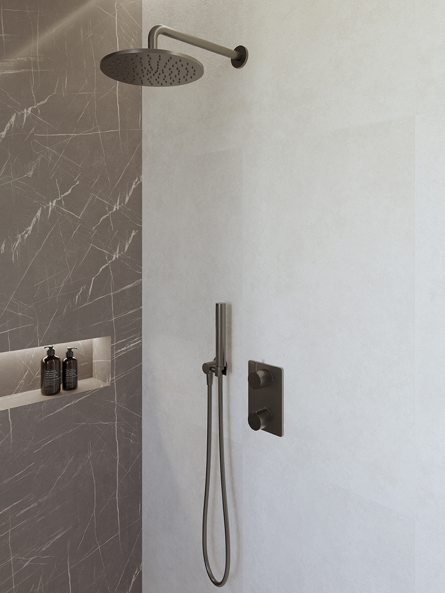 Productfoto Caral inbouwthermostaat compleet met hoofddouche 25 cm en staafhanddouche gunmetal 293043