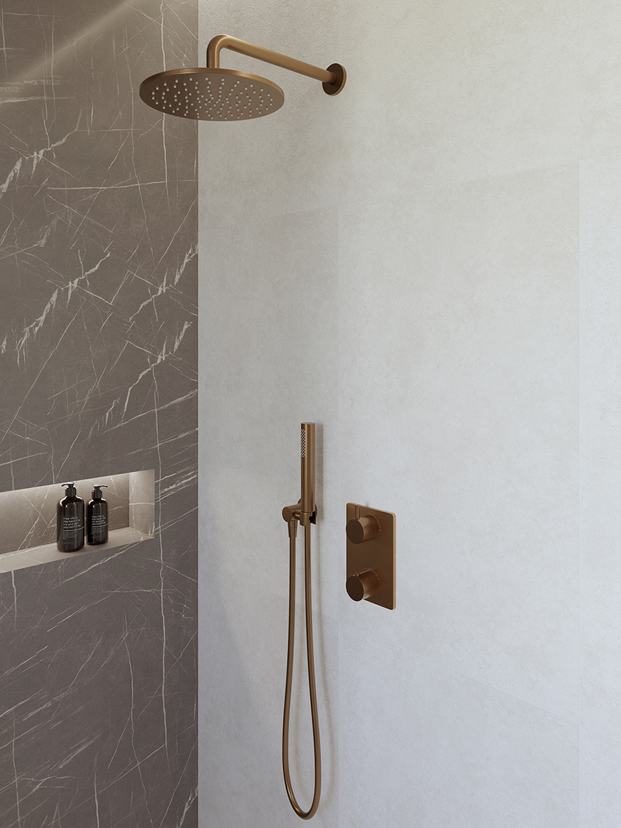 Productfoto Caral inbouwthermostaat compleet met hoofddouche 25 cm en staafhanddouche geborsteld brons koper 293044