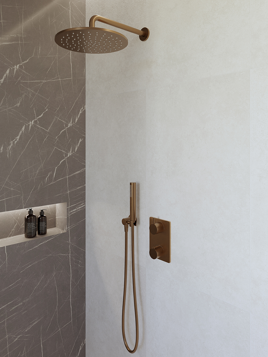 Productfoto Caral inbouwthermostaat compleet met hoofddouche 30 cm en staafhanddouche geborsteld brons koper 293050