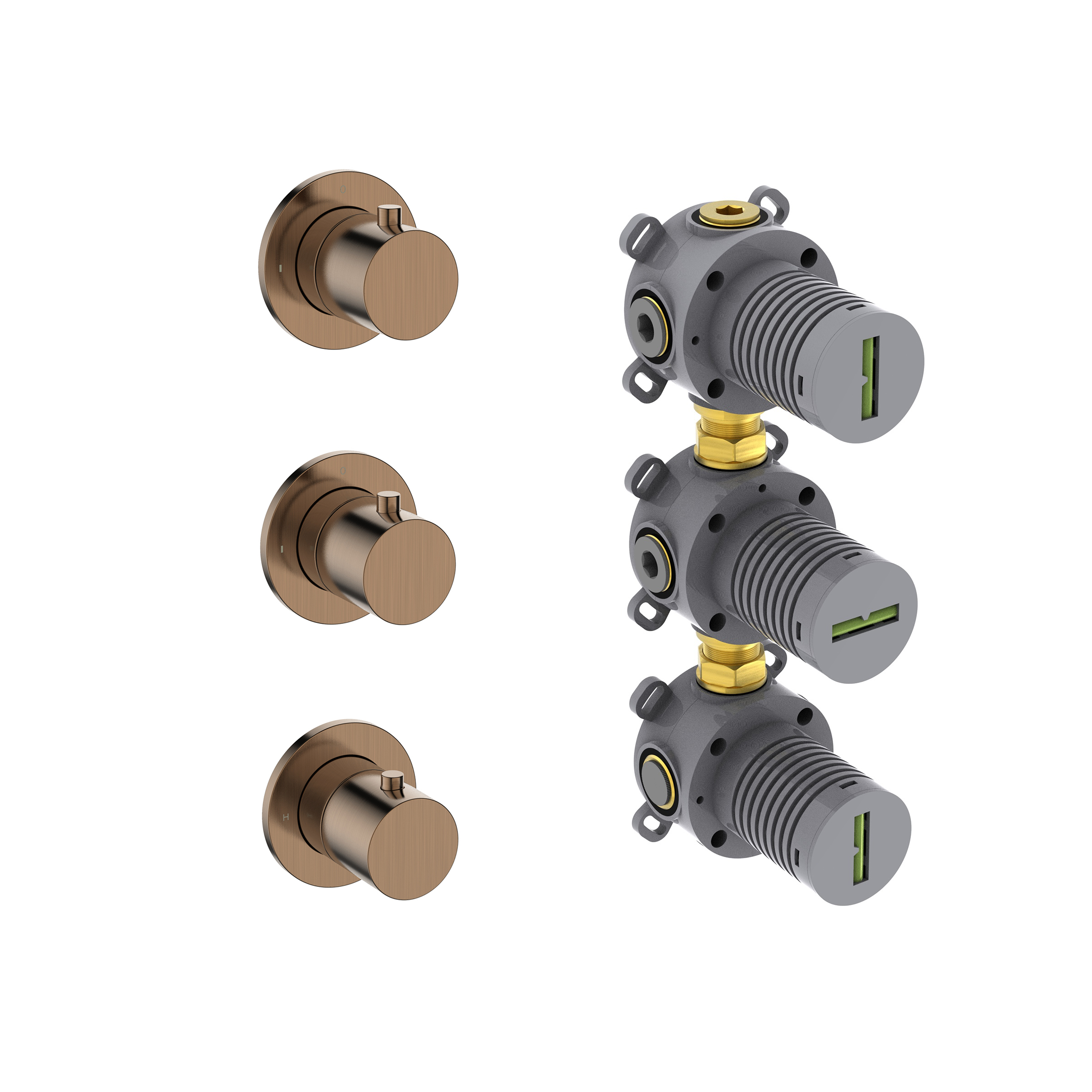 Productfoto One pack Caral thermostatische douchekraan met 2 stopkranen geborsteld brons koper bestaande uit: 293051