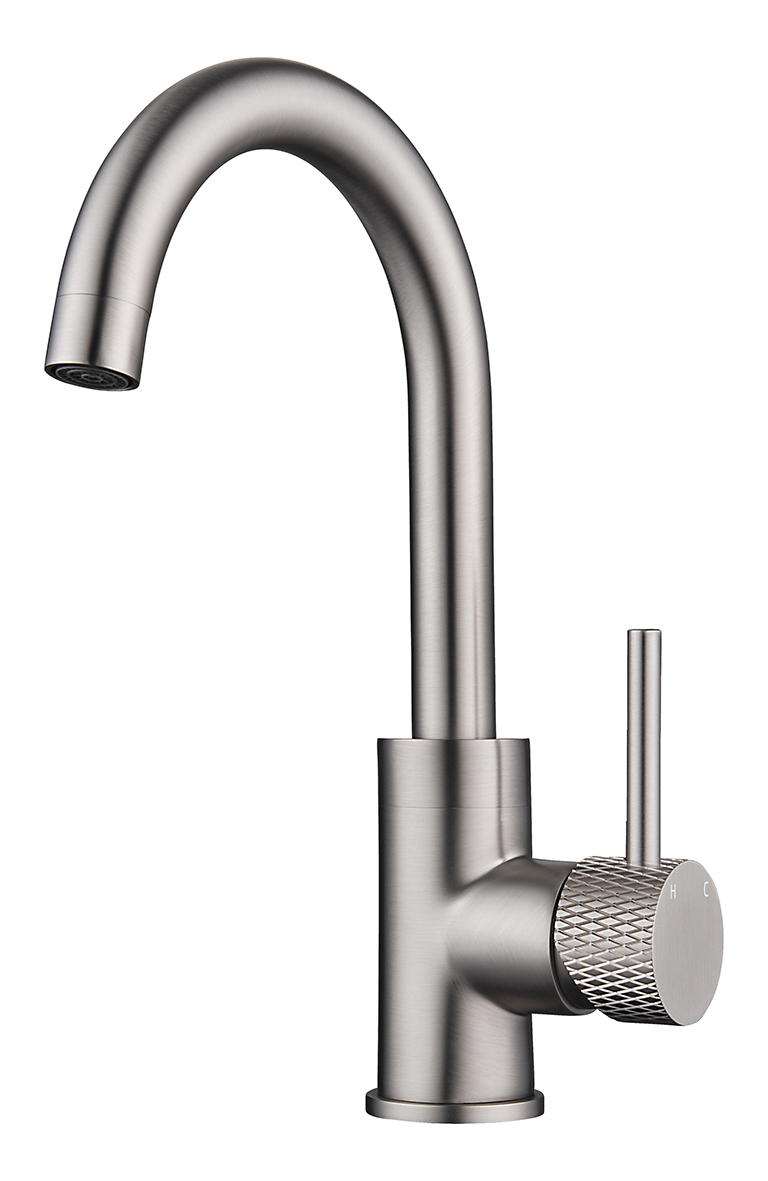Productfoto Ribbd wastafelkraan met draaibare uitloop en coldstart geborsteld staal PVD 295321