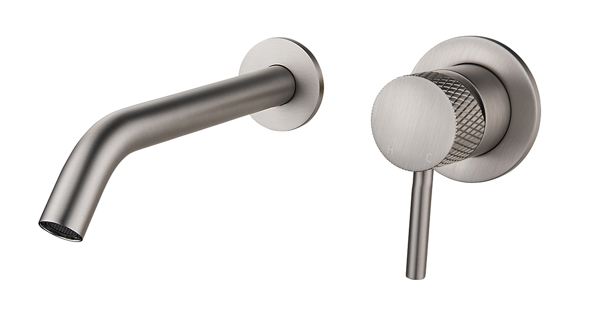 Productfoto Ribbd eenhendel wastafelkraan met coldstart inbouw compleet geborsteld staal PVD 295331