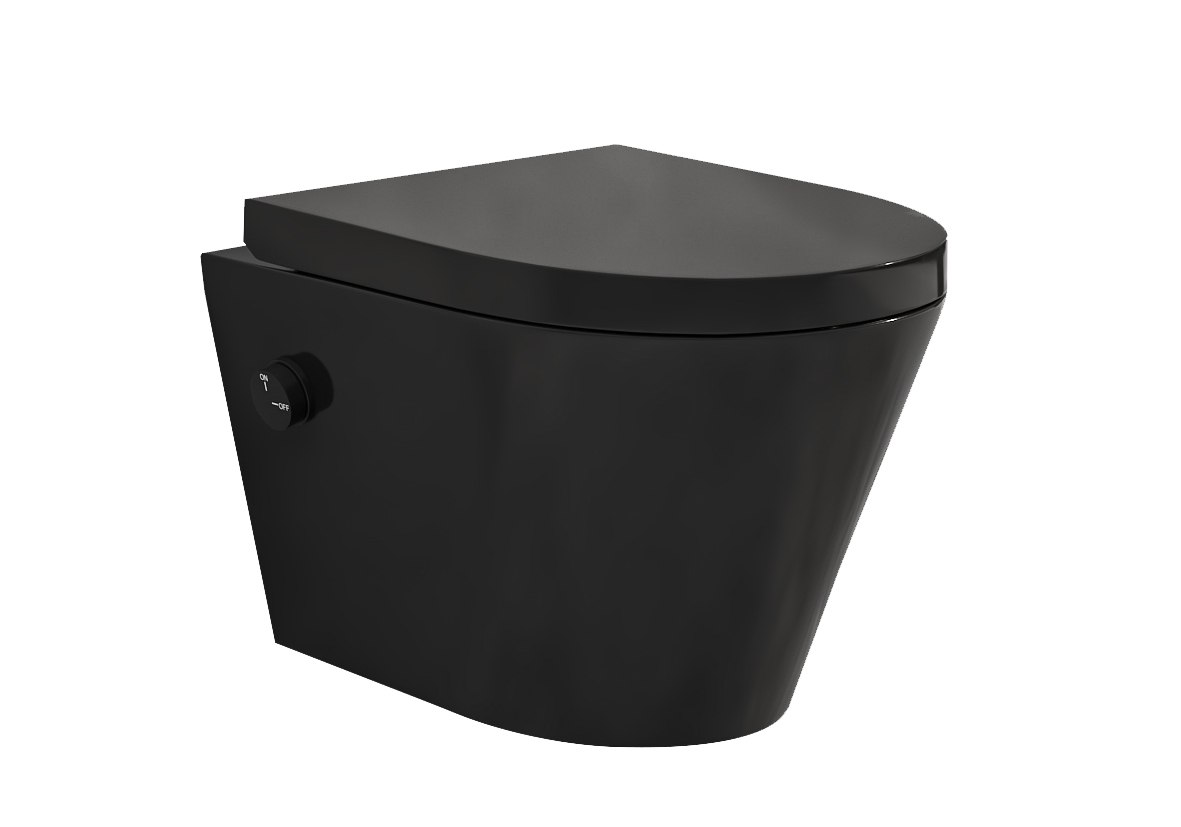 Productfoto Vesta wandcloset rimless met bidetkraan koud water met Vesta toiletzitting mat zwart 323332