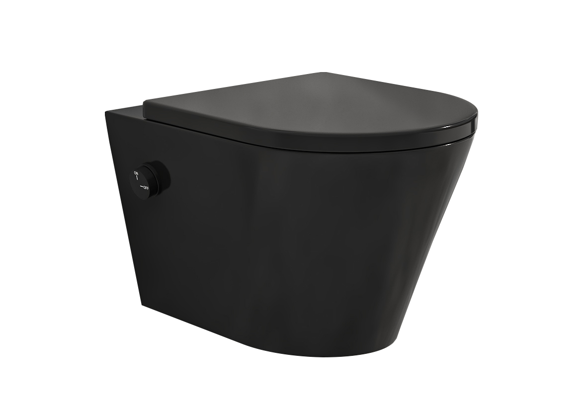 Productfoto Vesta wandcloset rimless met bidetkraan koud water met Shade slim toiletzitting mat zwart 323335