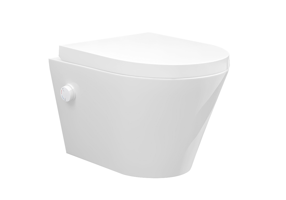 Productfoto Vesta wandcloset rimless met bidetkraan warm koud water met Vesta toiletzitting glans wit 323339