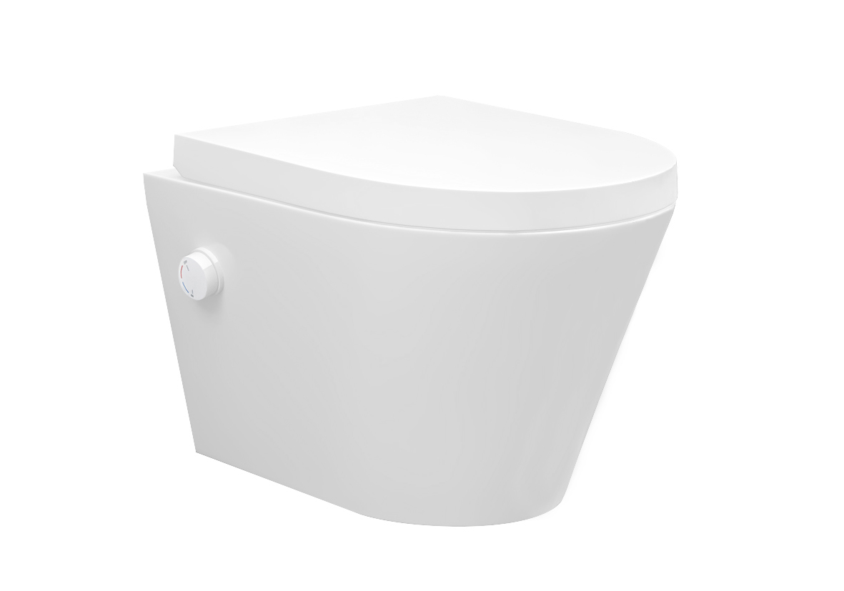 Productfoto Vesta wandcloset rimless met bidetkraan warm koud water met Vesta toiletzitting mat wit 323341
