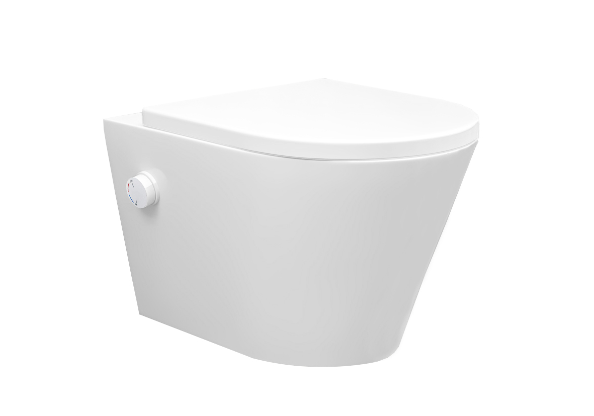 Productfoto Vesta wandcloset rimless met bidetkraan warm koud water met Shade slim toiletzitting mat wit 323344