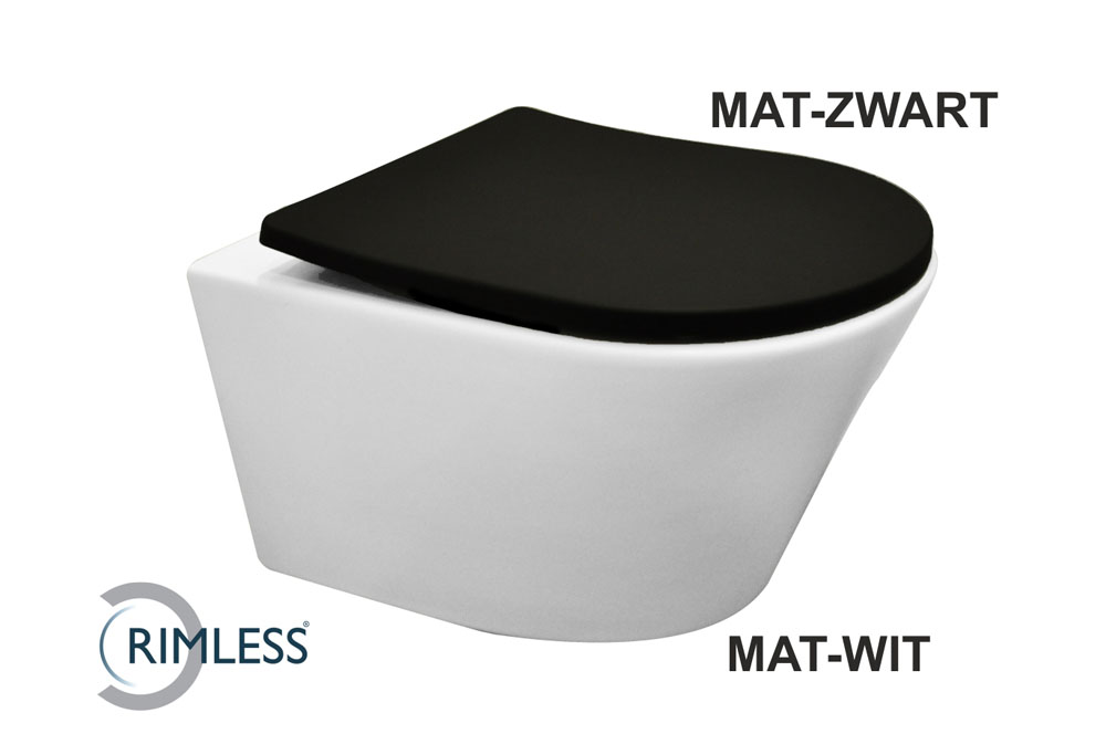 Productfoto Vesta wandcloset rimless mat wit met Shade slim toiletzitting softclose en quick release mat zwart 326013