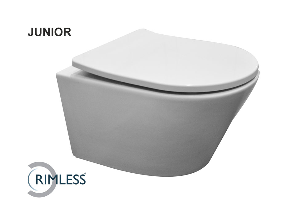 Productfoto Vesta junior wandcloset rimless verkort met Shade slim toiletzitting softclose en quick release glans wit 326030