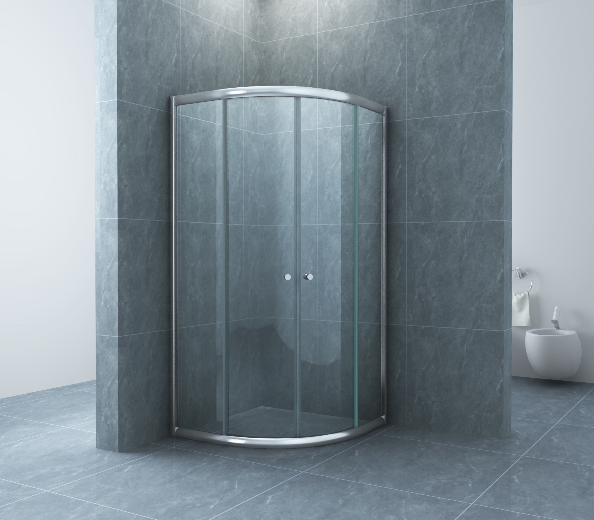 Productfoto Eco kwartronde cabine met twee schuifdeuren 1000 x 1000 x 1900 x 5 mm nano helder glas/chroom 203712