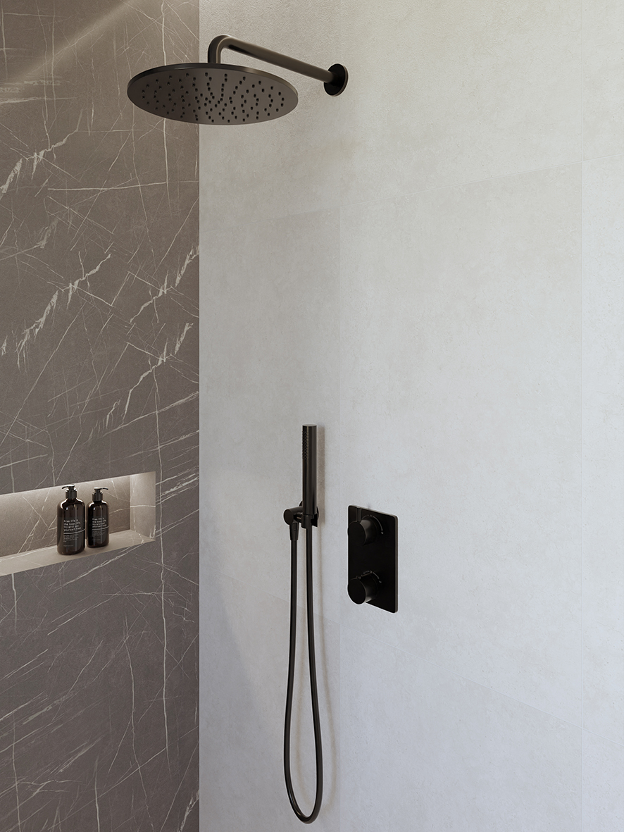 Productfoto Caral inbouwthermostaat compleet met hoofddouche 30 cm en staafhanddouche mat zwart 293046