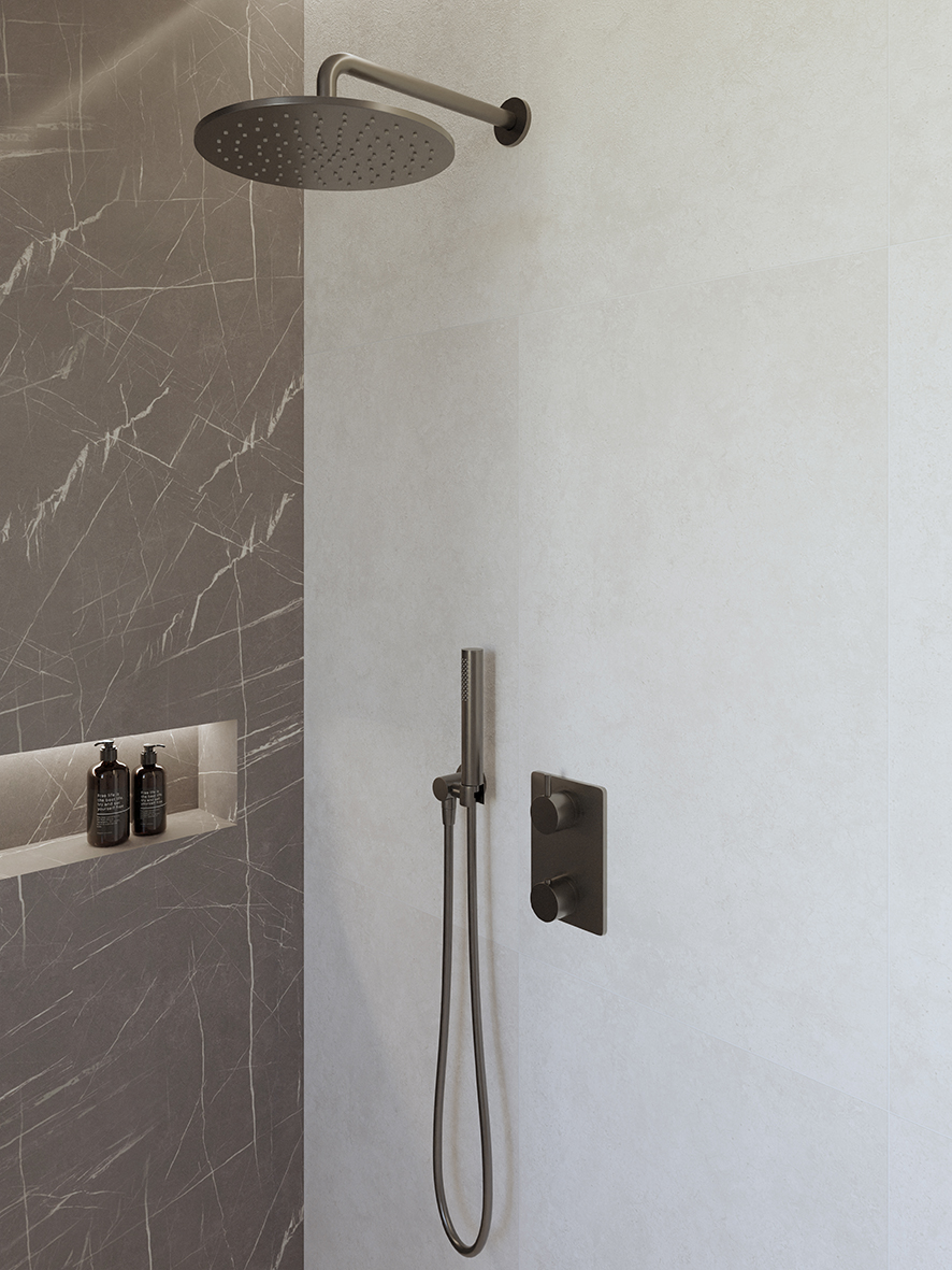 Productfoto Caral inbouwthermostaat compleet met hoofddouche 30 cm en staafhanddouche gunmetal 293049