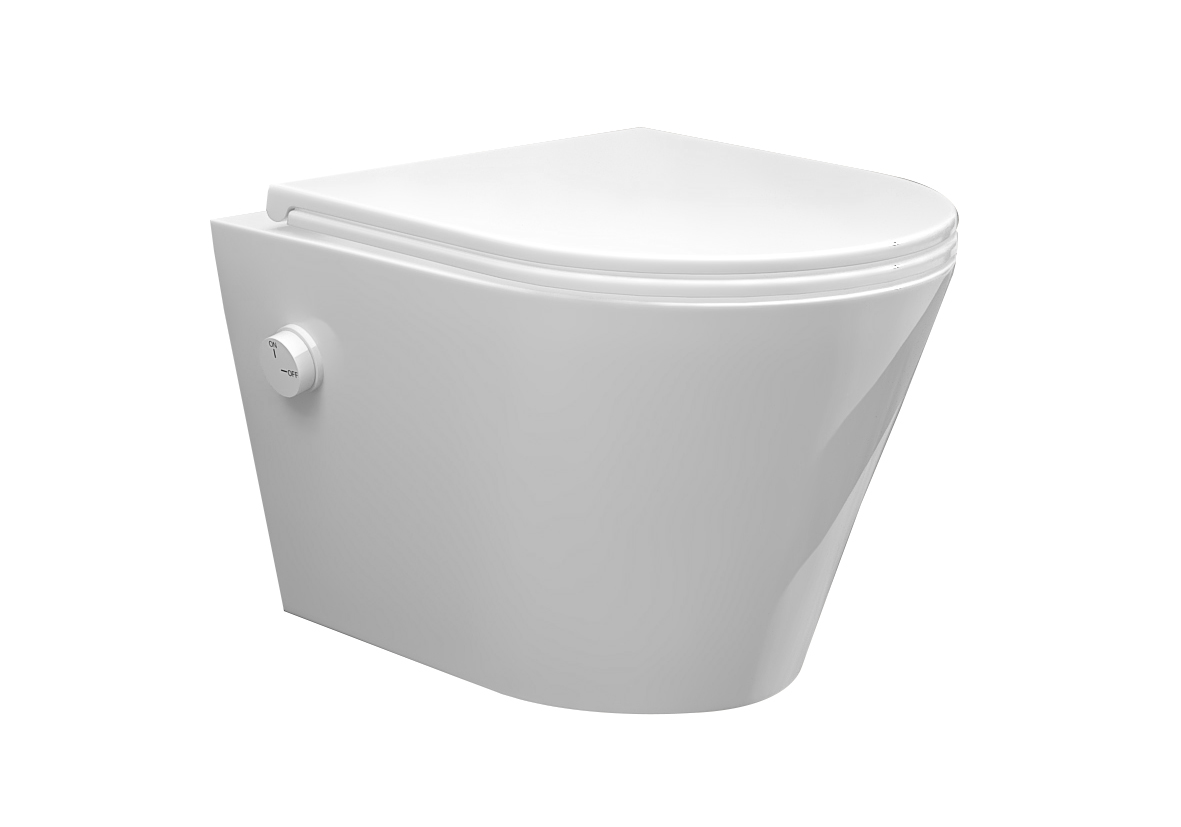 Productfoto Vesta wandcloset rimless met bidetkraan koud water met Flatline toiletzitting glans wit 323337