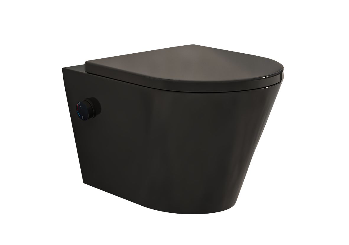 Productfoto Vesta wandcloset rimless met bidetkraan warm koud water met Shade slim toiletzitting mat zwart 323343
