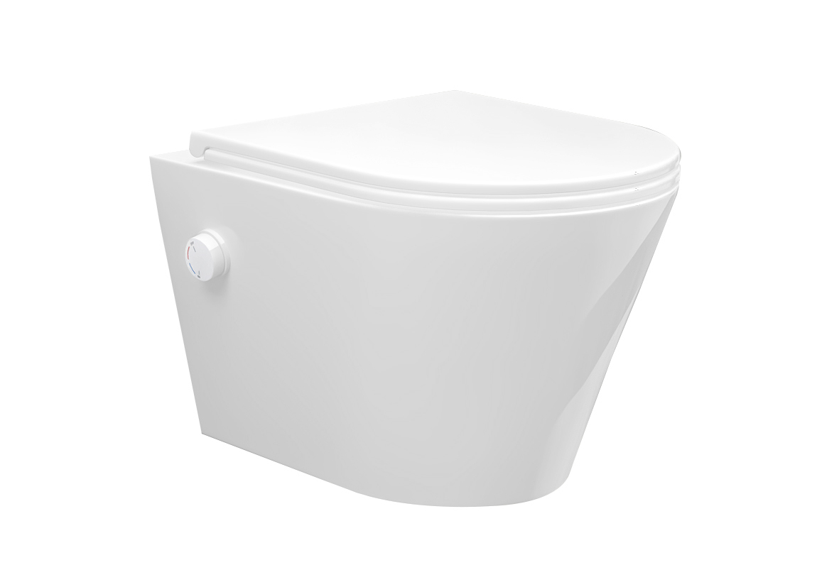Productfoto Vesta wandcloset rimless met bidetkraan warm koud water met Flatline toiletzitting glans wit 323345