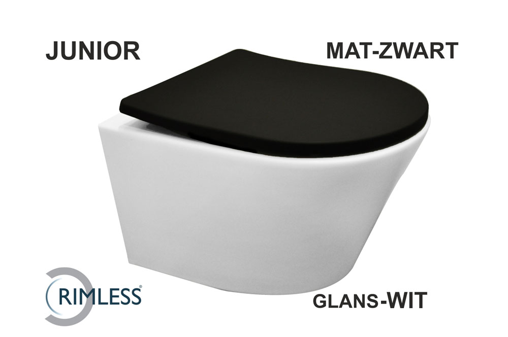 Productfoto Vesta junior wandcloset rimless verkort glans wit Shade slim toiletzitting softclose en quick release mat zwart 326031