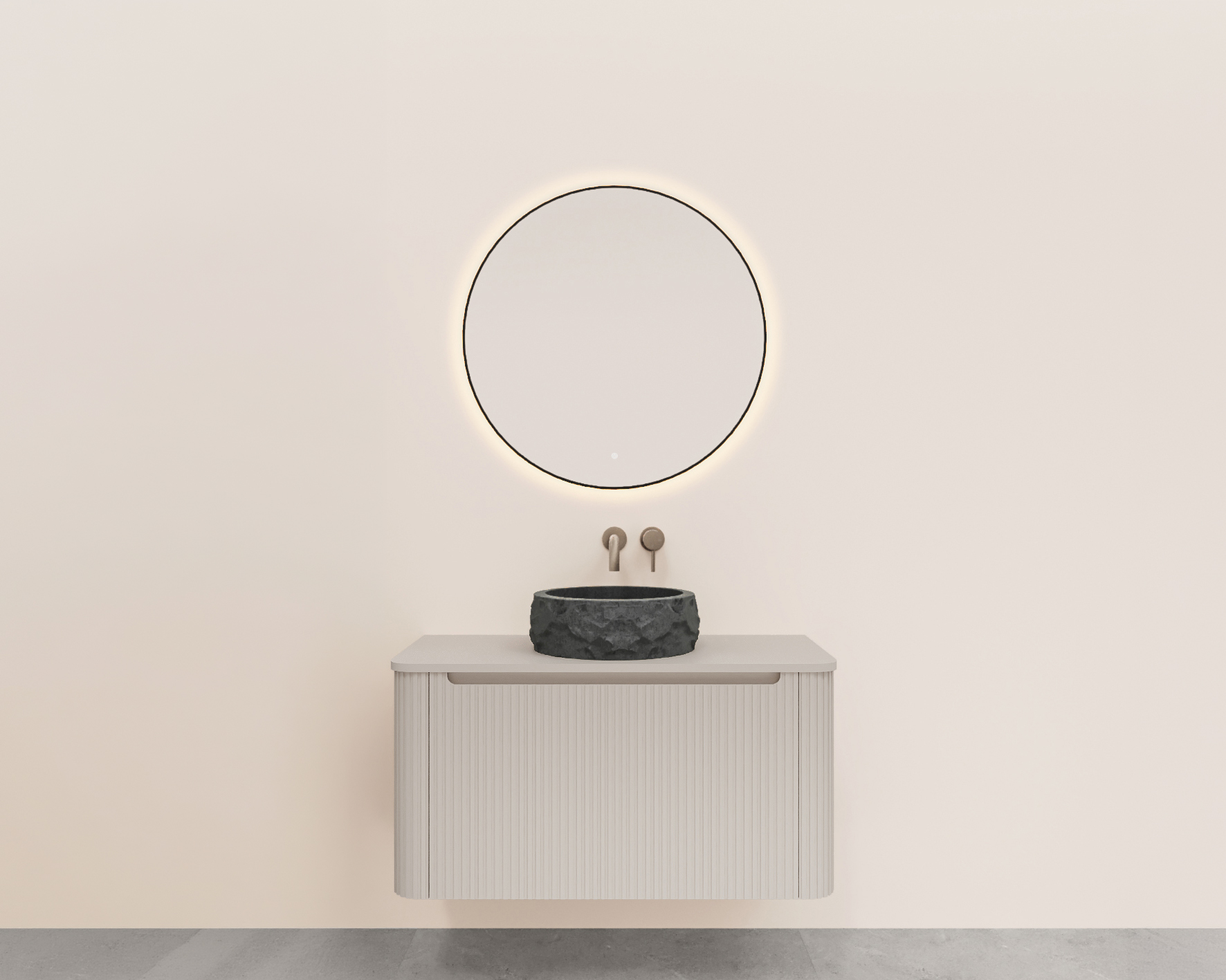 Productfoto Sulora onderkast afgeronde hoeken geribbeld met 1 lade 1 uitsparing 100 x 48 cm mat beige 384028