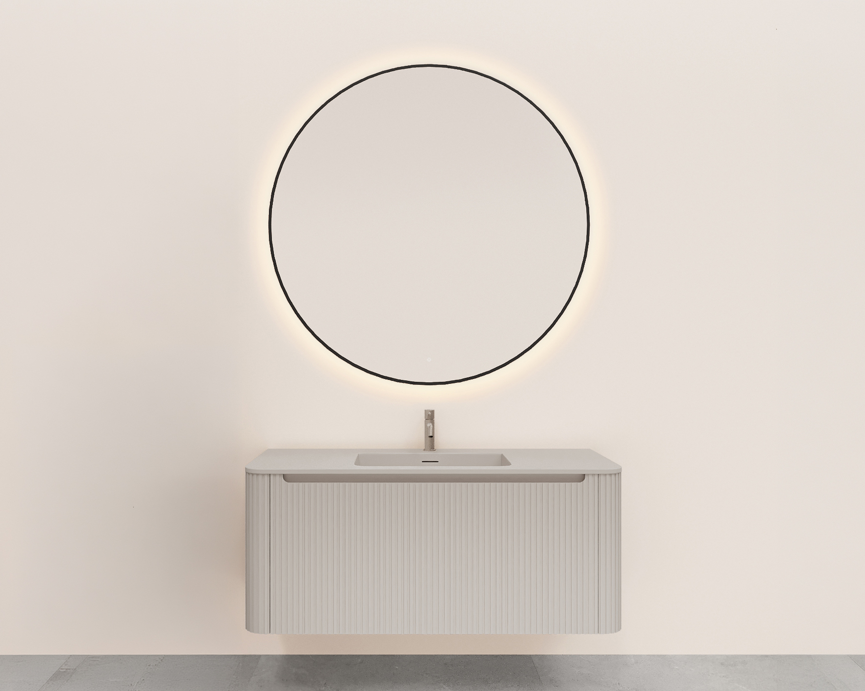 Productfoto Sulora onderkast afgeronde hoeken geribbeld met 1 lade 1 uitsparing 120 x 48 cm mat beige 384029