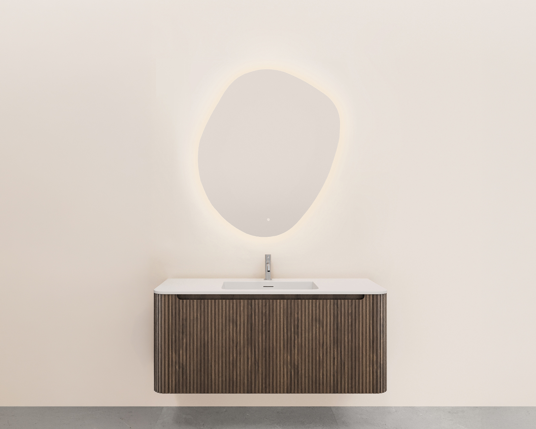Productfoto Sulora onderkast afgeronde hoeken geribbeld met 1 lade 1 uitsparing 120 x 48 cm bruin eiken 384037