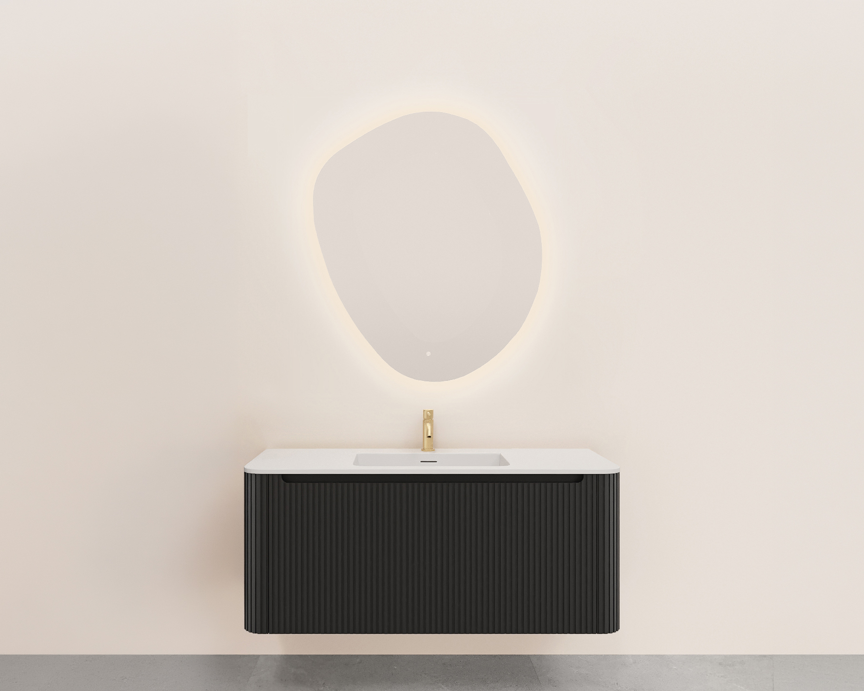 Productfoto Sulora onderkast afgeronde hoeken geribbeld met 1 lade 1 uitsparing 120 x 48 cm mat zwart 384046
