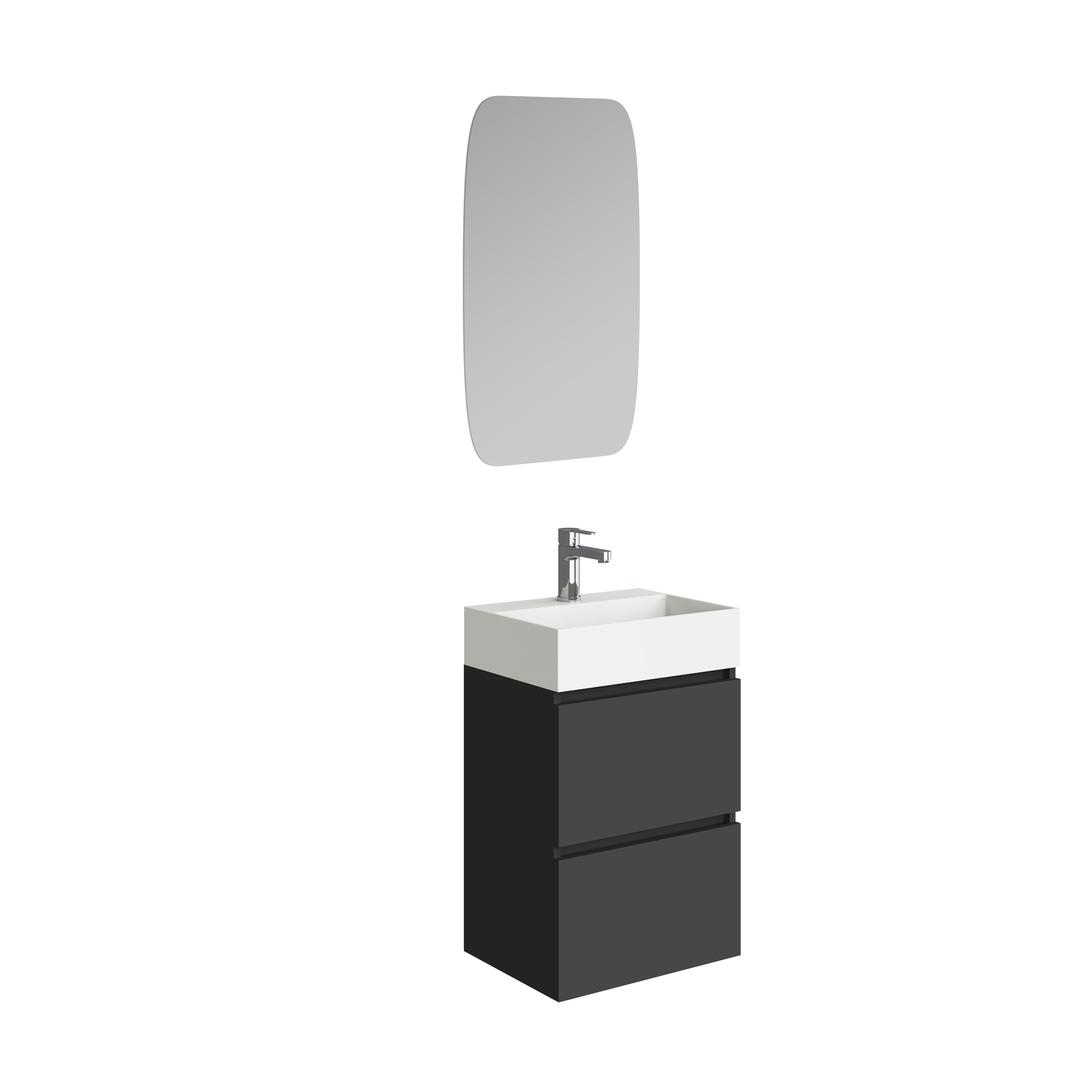 Productfoto Mini onderkast met 2 laden mat zwart en wastafel keramiek glans wit 45 cm inclusief spiegel 384305