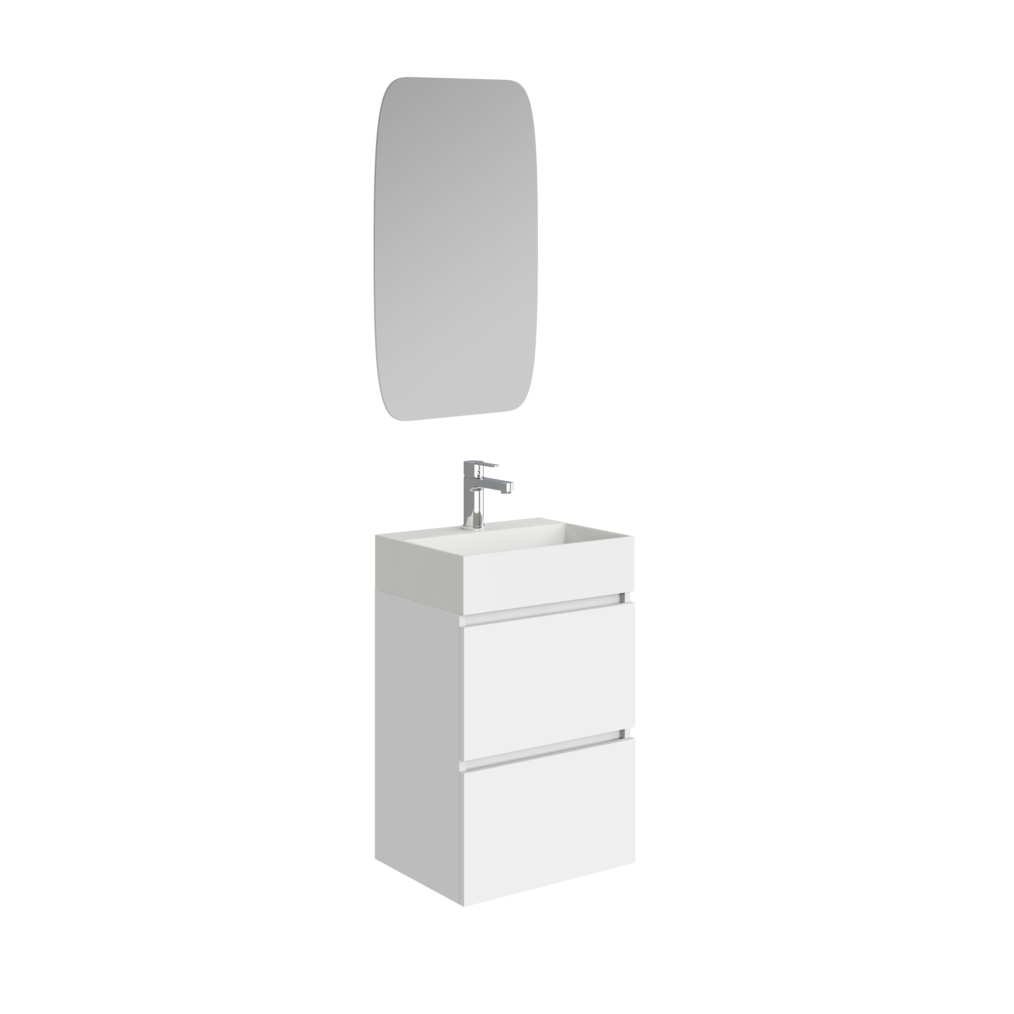 Productfoto Mini onderkast met 2 laden glans wit en wastafel keramiek glans wit 45 cm inclusief spiegel 384306