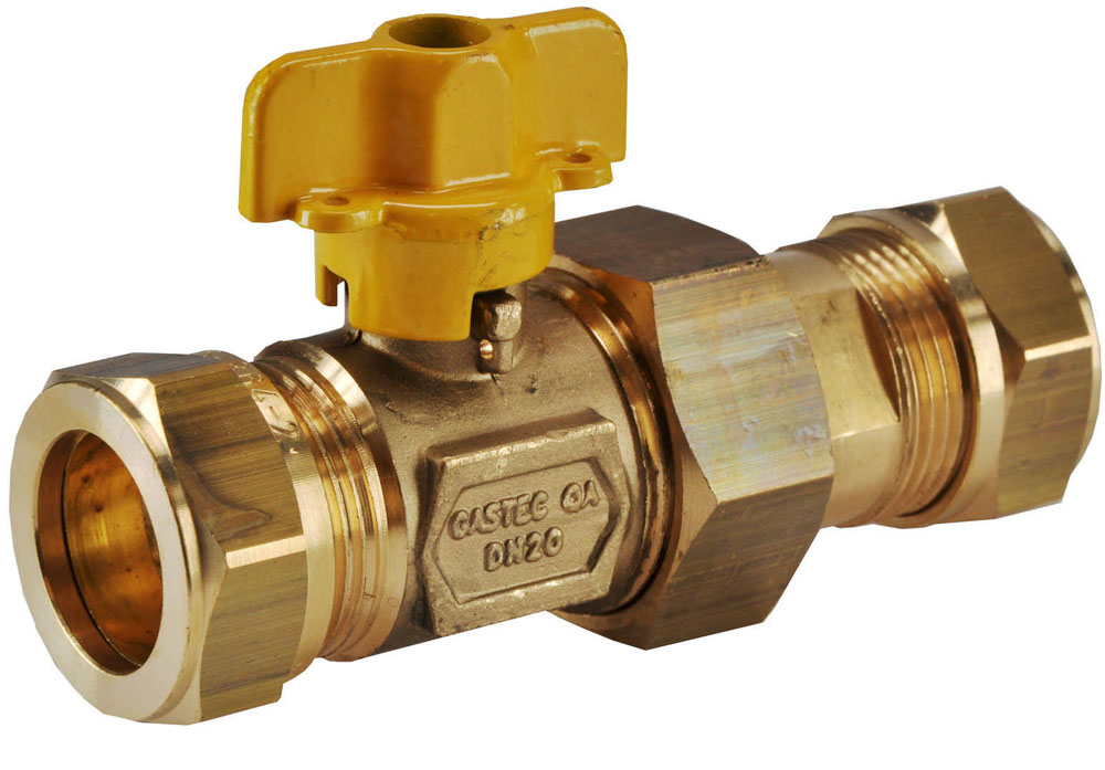 Productfoto Gaskogelkraan messing Gastec 22 mm knel x 22 mm knel 404631